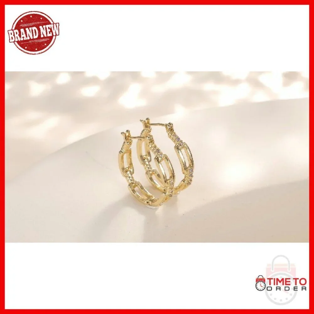 14K Gold Plated Hoop Earrings 30mm Cable Design Zircon Accent